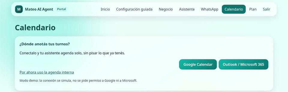 Pantalla de calendario con los botones Google Calendar y Outlook / Microsoft 365