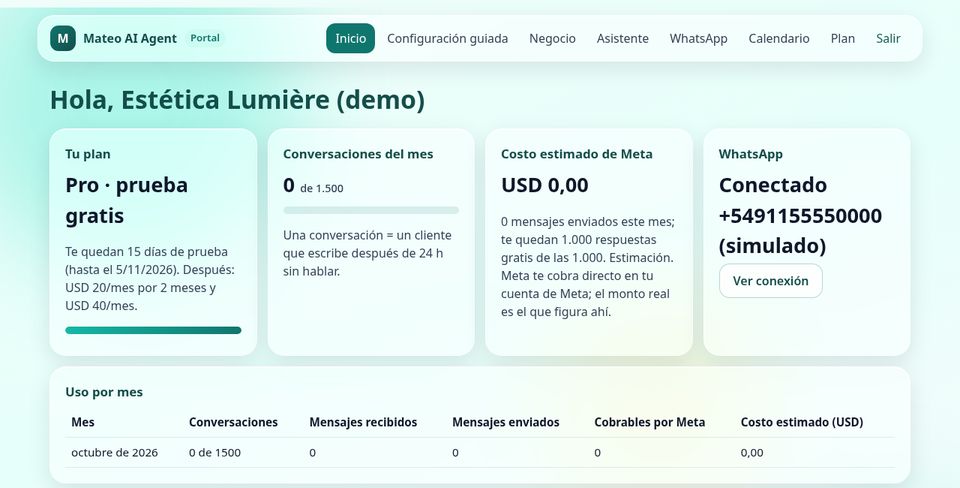 Inicio del portal con el plan, las conversaciones del mes, el costo estimado de Meta y el estado de WhatsApp