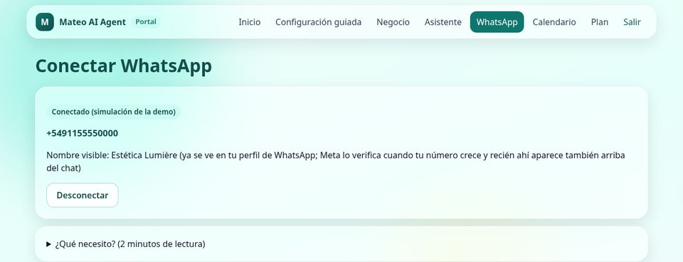 Pantalla de WhatsApp conectado con el número, el nombre visible y el botón Desconectar